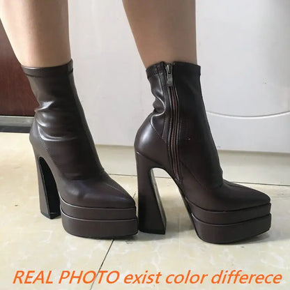 REAVE CAT Ladies Boots 15cm Shaft Stretchy Pointed Toe High Heel 6 inch Platform 5cm Big Size 46 Party