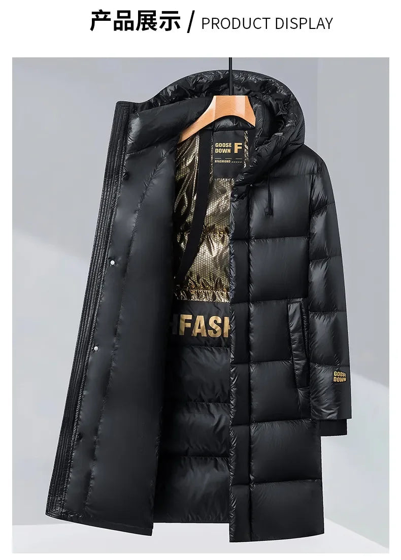 -30 ℃ Cold-proof Long Down Jacket Men's Light Luxury Black Gold Lightweight 95% Goose Down Jacket Unisex Winter Warm Hooded Coat