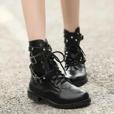 Ladies Boots Elegant with Low Heels Footwear Biker Shoes for Women Mid Calf Black Work Half High Gothic Boot Goth Gyaru Y2k Hot
