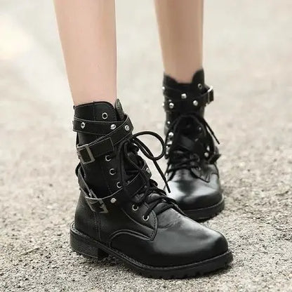 Ladies Boots Elegant with Low Heels Footwear Biker Shoes for Women Mid Calf Black Work Half High Gothic Boot Goth Gyaru Y2k Hot