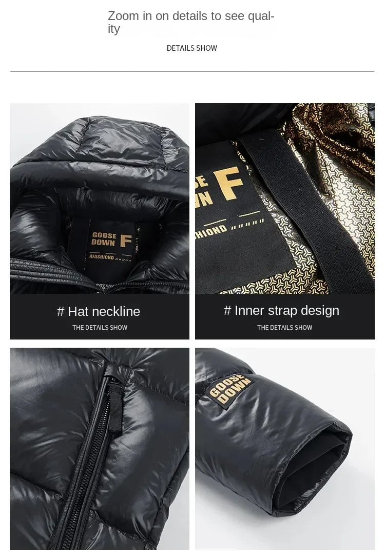 -30 ℃ Cold-proof Long Down Jacket Men's Light Luxury Black Gold Lightweight 95% Goose Down Jacket Unisex Winter Warm Hooded Coat
