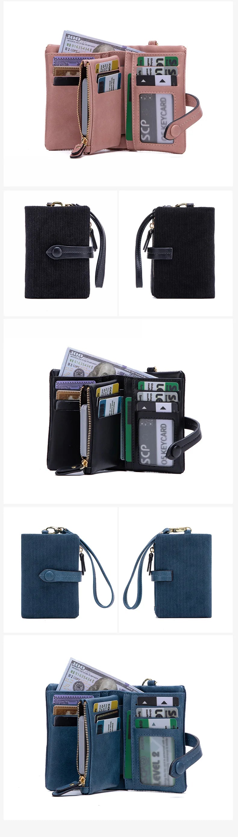 Solid Color Women's Trifold Wallet RFID Shielding Multifunctional Large Capacity Credit Card Bag with ID Window Short Coin Purse