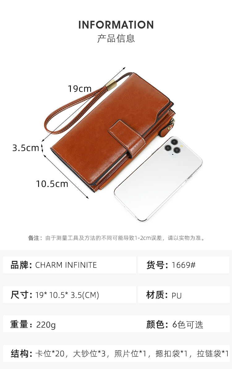 RFID retro large capacity long wallet Solid color multi-card women's purse Multi-function zipper wallet with wrist strap