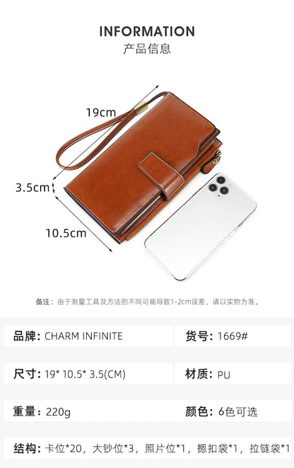 RFID retro large capacity long wallet Solid color multi-card women's purse Multi-function zipper wallet with wrist strap