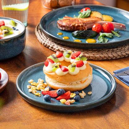 vancasso 12/24Piece Ceramic Plate Set Blue Reactive Glaze Vertical edge Tableware Set with 4/8PCS Dinner Plate/Dessert/Bowl