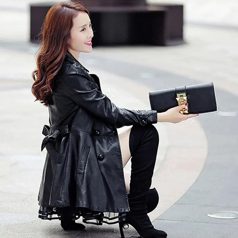 Women Leather Coat New Mid-Length 2025 5XL Lady Leather Windbreaker Jacket Autumn Wear clothing Bomber streetwear Casual Outwear