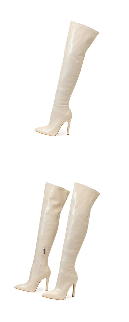 Aneikeh White Sexy Over-the-Knee Side Zipper Slip-On Pointed Toe Shoes NEW Fashion Striped Thin Heels Ladies Boots 2025 Spring