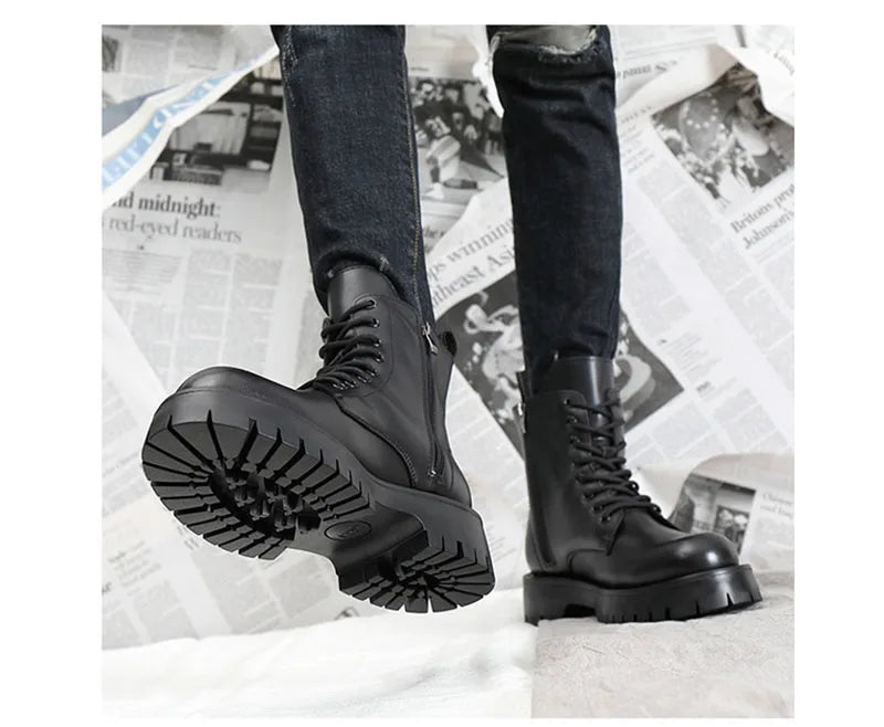 2025 Autumn Winter Shoes Men Leather Boots Thick Sole Non-slip Warm Plush Cold Winter Cow Leather Male Ankle Botas Black KA4867