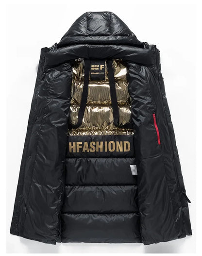 -30 ℃ Cold-proof Long Down Jacket Men's Light Luxury Black Gold Lightweight 95% Goose Down Jacket Unisex Winter Warm Hooded Coat