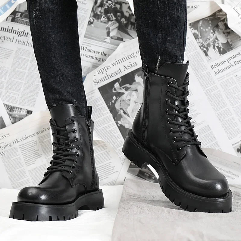 2025 Autumn Winter Shoes Men Leather Boots Thick Sole Non-slip Warm Plush Cold Winter Cow Leather Male Ankle Botas Black KA4867