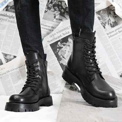 2025 Autumn Winter Shoes Men Leather Boots Thick Sole Non-slip Warm Plush Cold Winter Cow Leather Male Ankle Botas Black KA4867