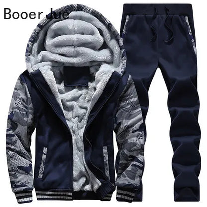 New Winter Tracksuits Men Set Thick Fleece Hoodies+Pants Suit Zipper Hooded Sweatshirt Sportswear Set Male Hoodie Sporting Suits