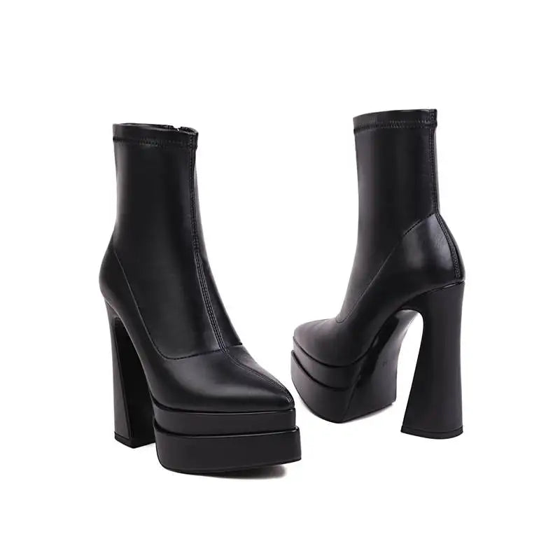 REAVE CAT Ladies Boots 15cm Shaft Stretchy Pointed Toe High Heel 6 inch Platform 5cm Big Size 46 Party