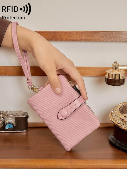 Solid Color Women's Trifold Wallet RFID Shielding Multifunctional Large Capacity Credit Card Bag with ID Window Short Coin Purse