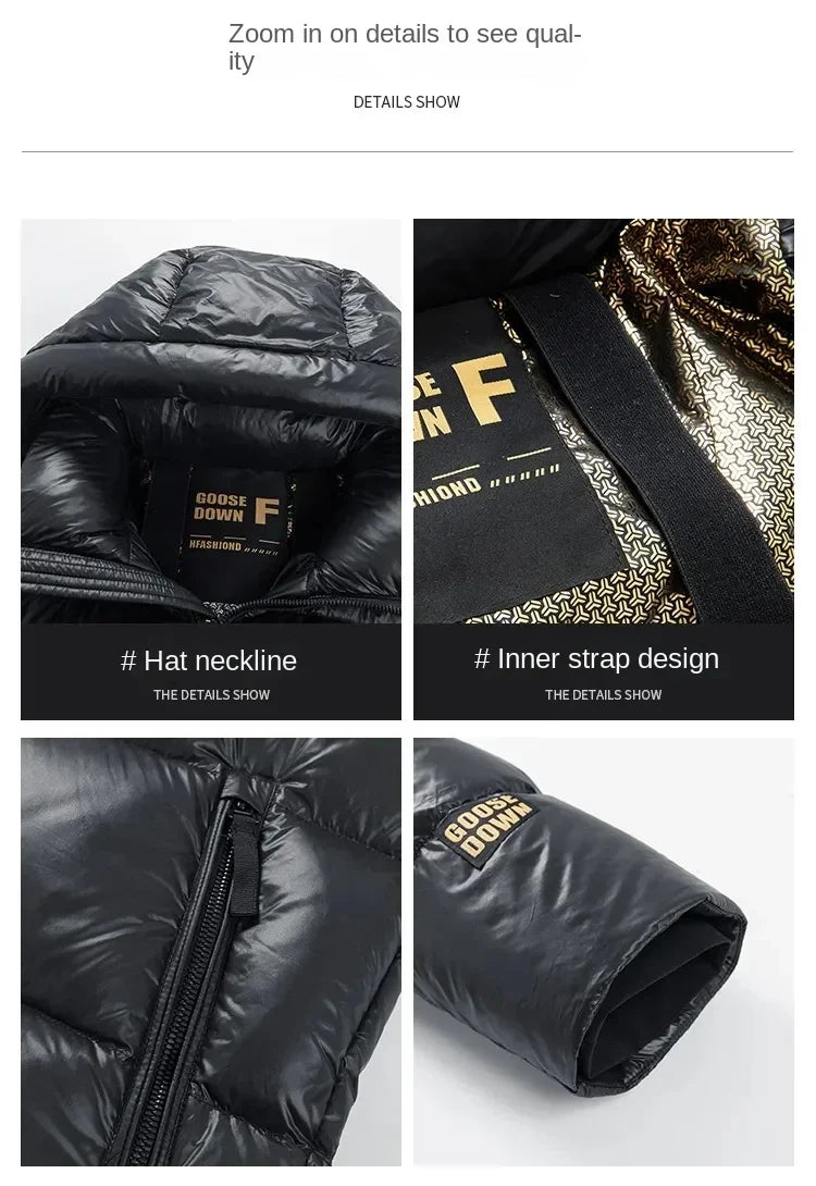 -30 ℃ Cold-proof Long Down Jacket Men's Light Luxury Black Gold Lightweight 95% Goose Down Jacket Unisex Winter Warm Hooded Coat