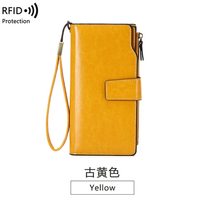 RFID retro large capacity long wallet Solid color multi-card women's purse Multi-function zipper wallet with wrist strap