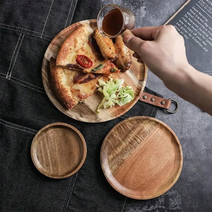 1Pc Wood Serving Plate Handmade Kitchen Dinner Plate with Grooved Handle Tray Durable Tableware Home Kitchen Supplies Gadgets