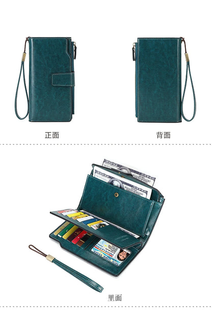 RFID retro large capacity long wallet Solid color multi-card women's purse Multi-function zipper wallet with wrist strap