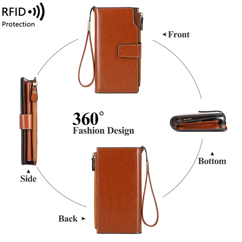 RFID retro large capacity long wallet Solid color multi-card women's purse Multi-function zipper wallet with wrist strap