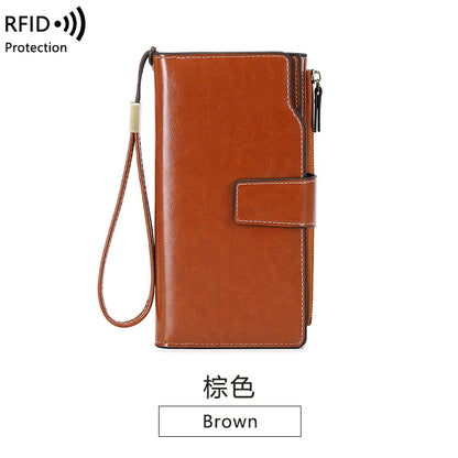 RFID retro large capacity long wallet Solid color multi-card women's purse Multi-function zipper wallet with wrist strap