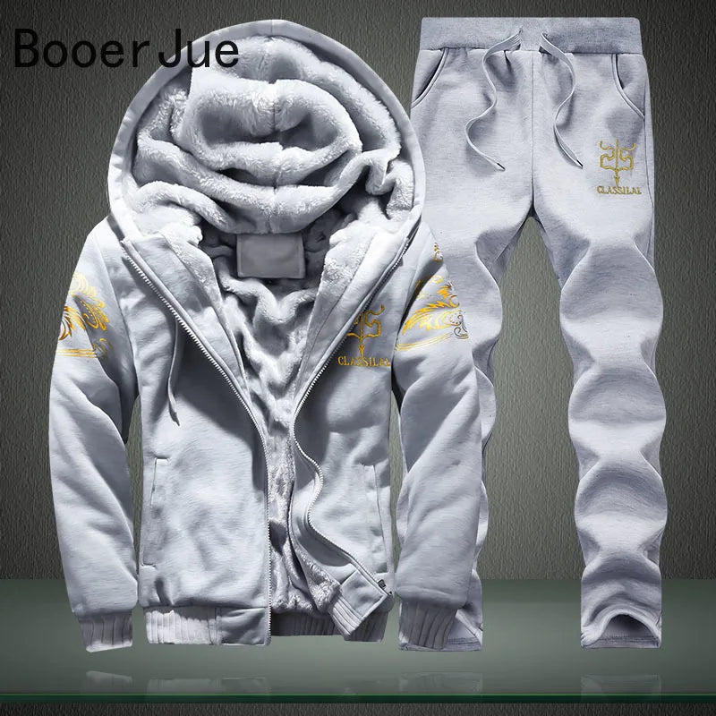 New Winter Tracksuits Men Set Thick Fleece Hoodies+Pants Suit Zipper Hooded Sweatshirt Sportswear Set Male Hoodie Sporting Suits