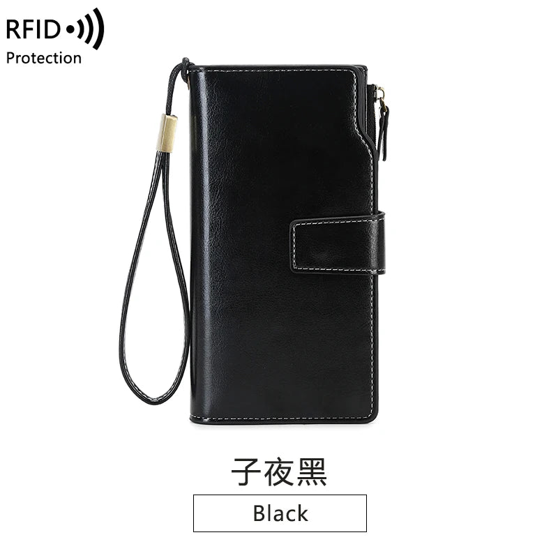 RFID retro large capacity long wallet Solid color multi-card women's purse Multi-function zipper wallet with wrist strap