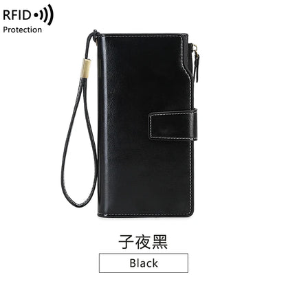 RFID retro large capacity long wallet Solid color multi-card women's purse Multi-function zipper wallet with wrist strap