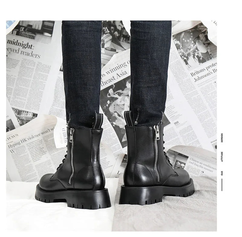2025 Autumn Winter Shoes Men Leather Boots Thick Sole Non-slip Warm Plush Cold Winter Cow Leather Male Ankle Botas Black KA4867