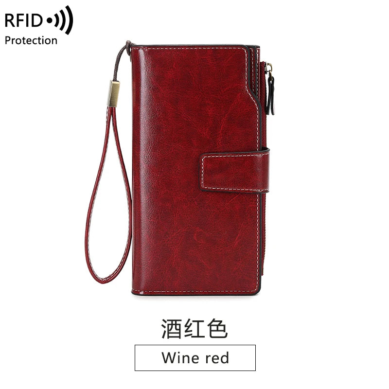 RFID retro large capacity long wallet Solid color multi-card women's purse Multi-function zipper wallet with wrist strap