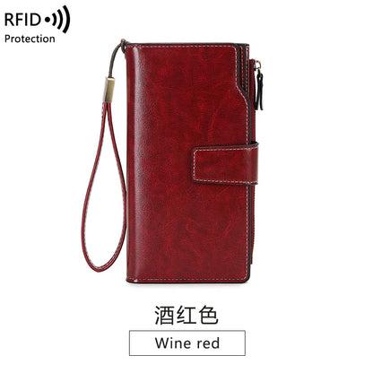 RFID retro large capacity long wallet Solid color multi-card women's purse Multi-function zipper wallet with wrist strap
