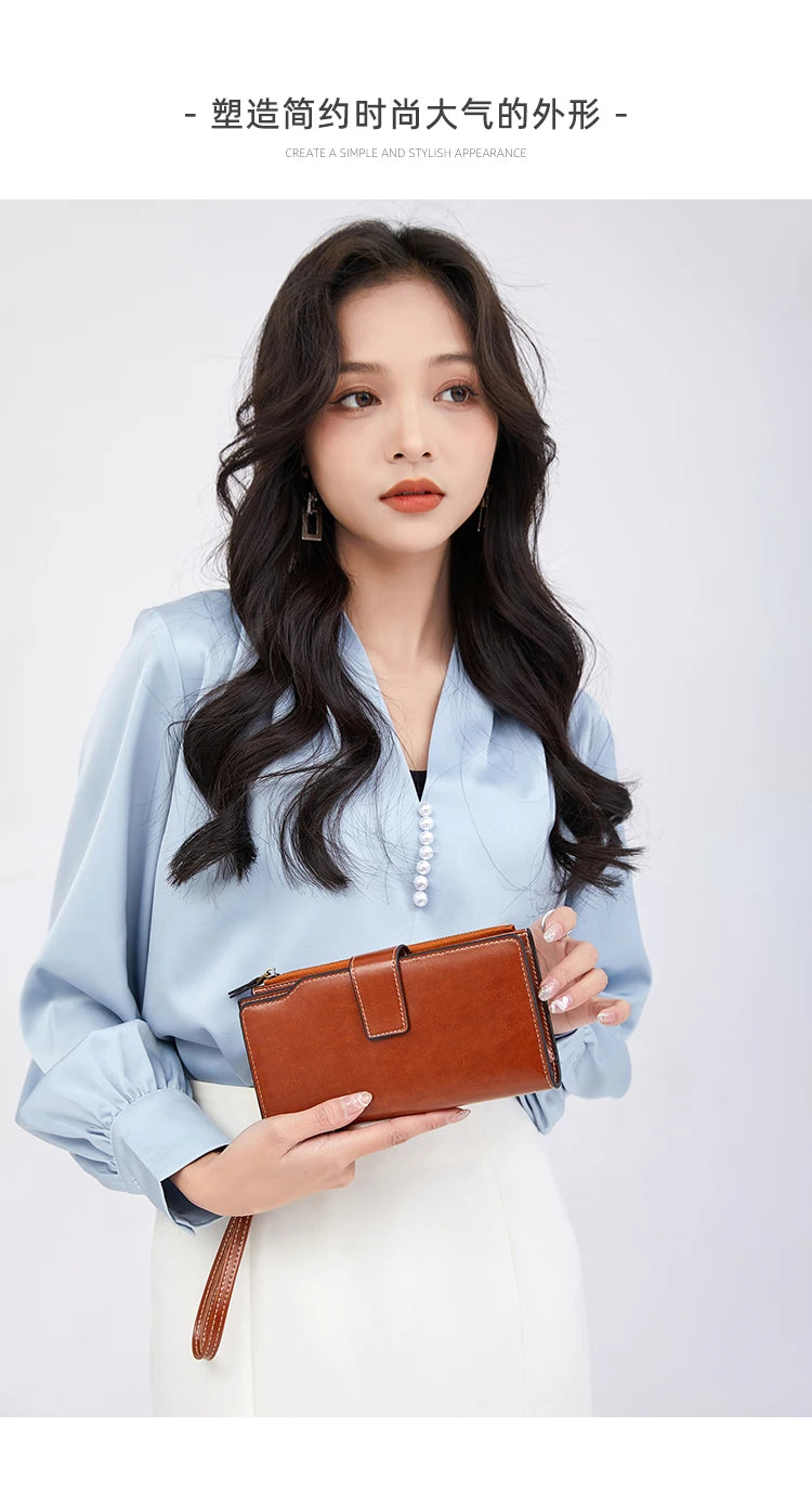 RFID retro large capacity long wallet Solid color multi-card women's purse Multi-function zipper wallet with wrist strap