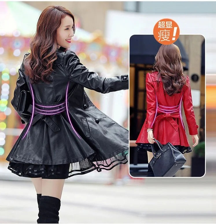 Women Leather Coat New Mid-Length 2025 5XL Lady Leather Windbreaker Jacket Autumn Wear clothing Bomber streetwear Casual Outwear