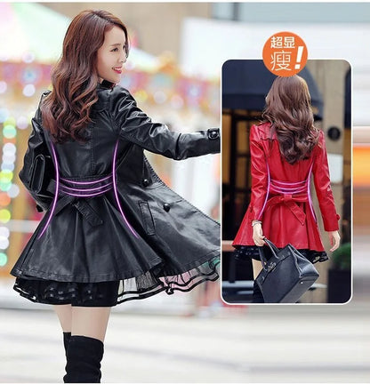 Women Leather Coat New Mid-Length 2025 5XL Lady Leather Windbreaker Jacket Autumn Wear clothing Bomber streetwear Casual Outwear