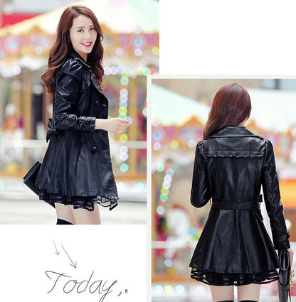 Women Leather Coat New Mid-Length 2025 5XL Lady Leather Windbreaker Jacket Autumn Wear clothing Bomber streetwear Casual Outwear