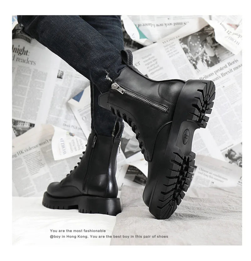 2025 Autumn Winter Shoes Men Leather Boots Thick Sole Non-slip Warm Plush Cold Winter Cow Leather Male Ankle Botas Black KA4867