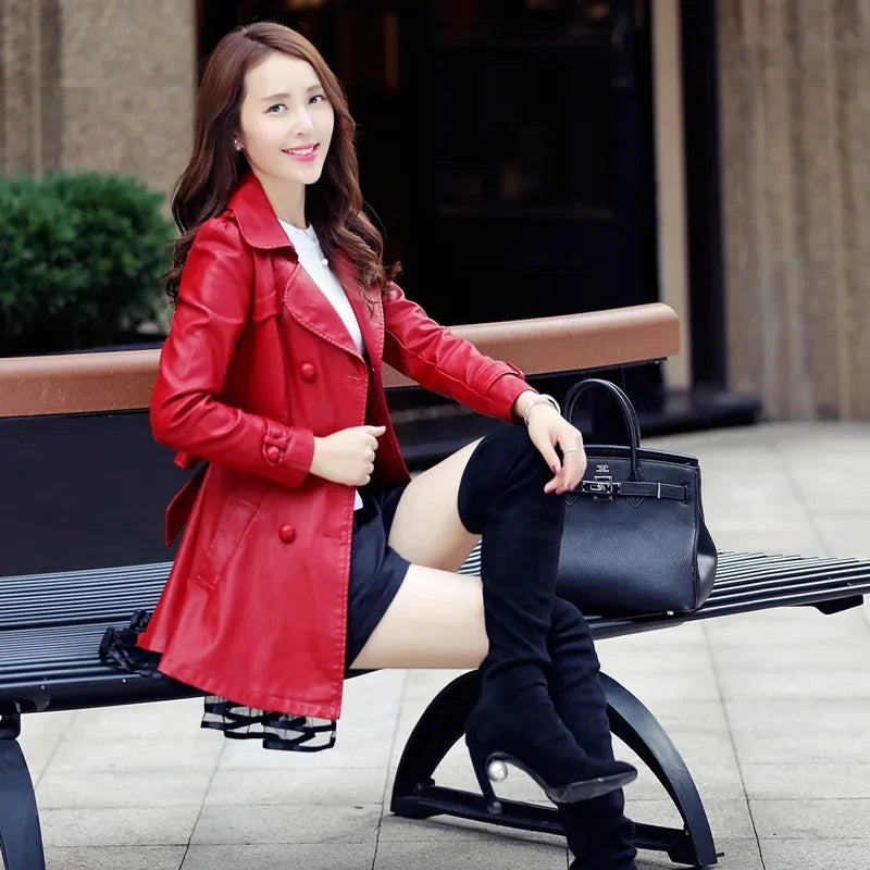 Women Leather Coat New Mid-Length 2025 5XL Lady Leather Windbreaker Jacket Autumn Wear clothing Bomber streetwear Casual Outwear