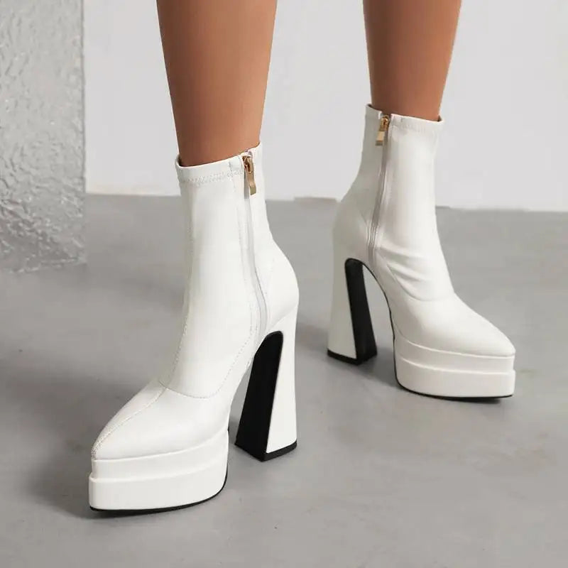 REAVE CAT Ladies Boots 15cm Shaft Stretchy Pointed Toe High Heel 6 inch Platform 5cm Big Size 46 Party