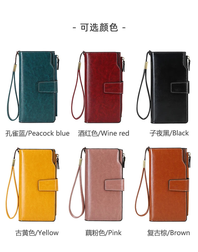 RFID retro large capacity long wallet Solid color multi-card women's purse Multi-function zipper wallet with wrist strap