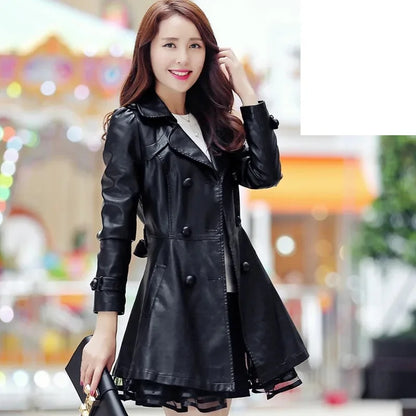 Women Leather Coat New Mid-Length 2025 5XL Lady Leather Windbreaker Jacket Autumn Wear clothing Bomber streetwear Casual Outwear
