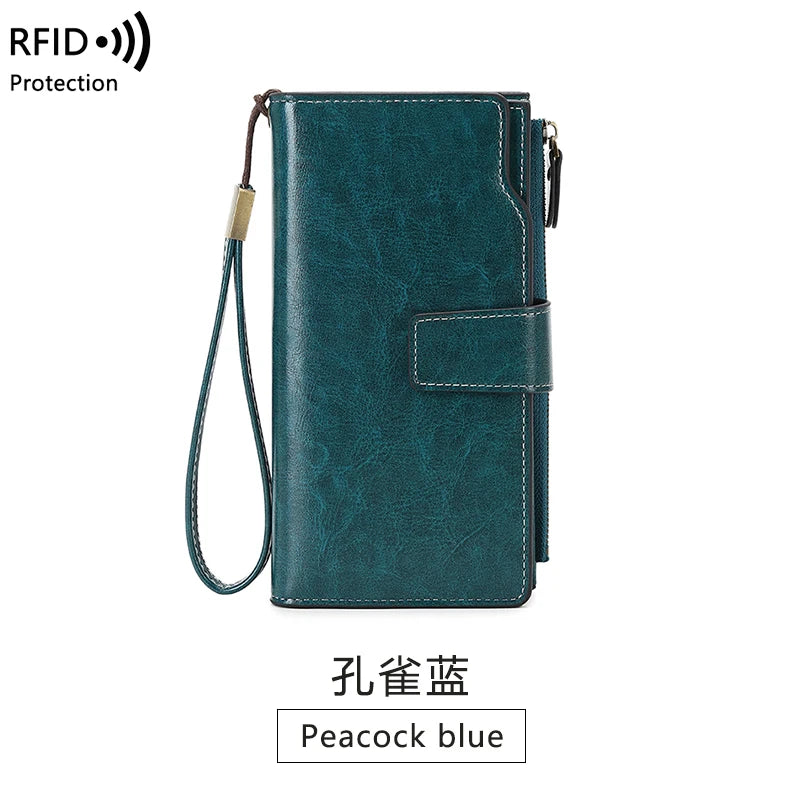 RFID retro large capacity long wallet Solid color multi-card women's purse Multi-function zipper wallet with wrist strap