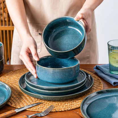 vancasso 12/24Piece Ceramic Plate Set Blue Reactive Glaze Vertical edge Tableware Set with 4/8PCS Dinner Plate/Dessert/Bowl
