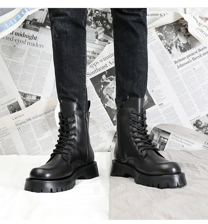 2025 Autumn Winter Shoes Men Leather Boots Thick Sole Non-slip Warm Plush Cold Winter Cow Leather Male Ankle Botas Black KA4867