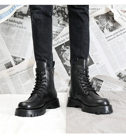 2025 Autumn Winter Shoes Men Leather Boots Thick Sole Non-slip Warm Plush Cold Winter Cow Leather Male Ankle Botas Black KA4867