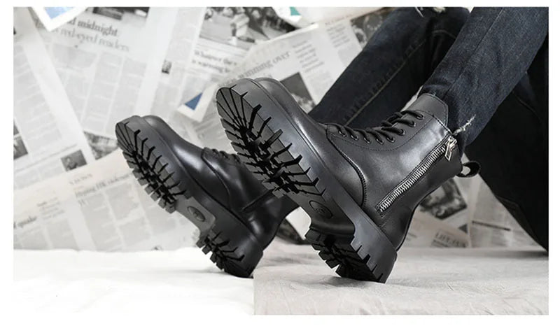 2025 Autumn Winter Shoes Men Leather Boots Thick Sole Non-slip Warm Plush Cold Winter Cow Leather Male Ankle Botas Black KA4867