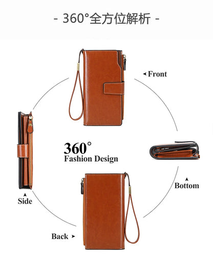 RFID retro large capacity long wallet Solid color multi-card women's purse Multi-function zipper wallet with wrist strap
