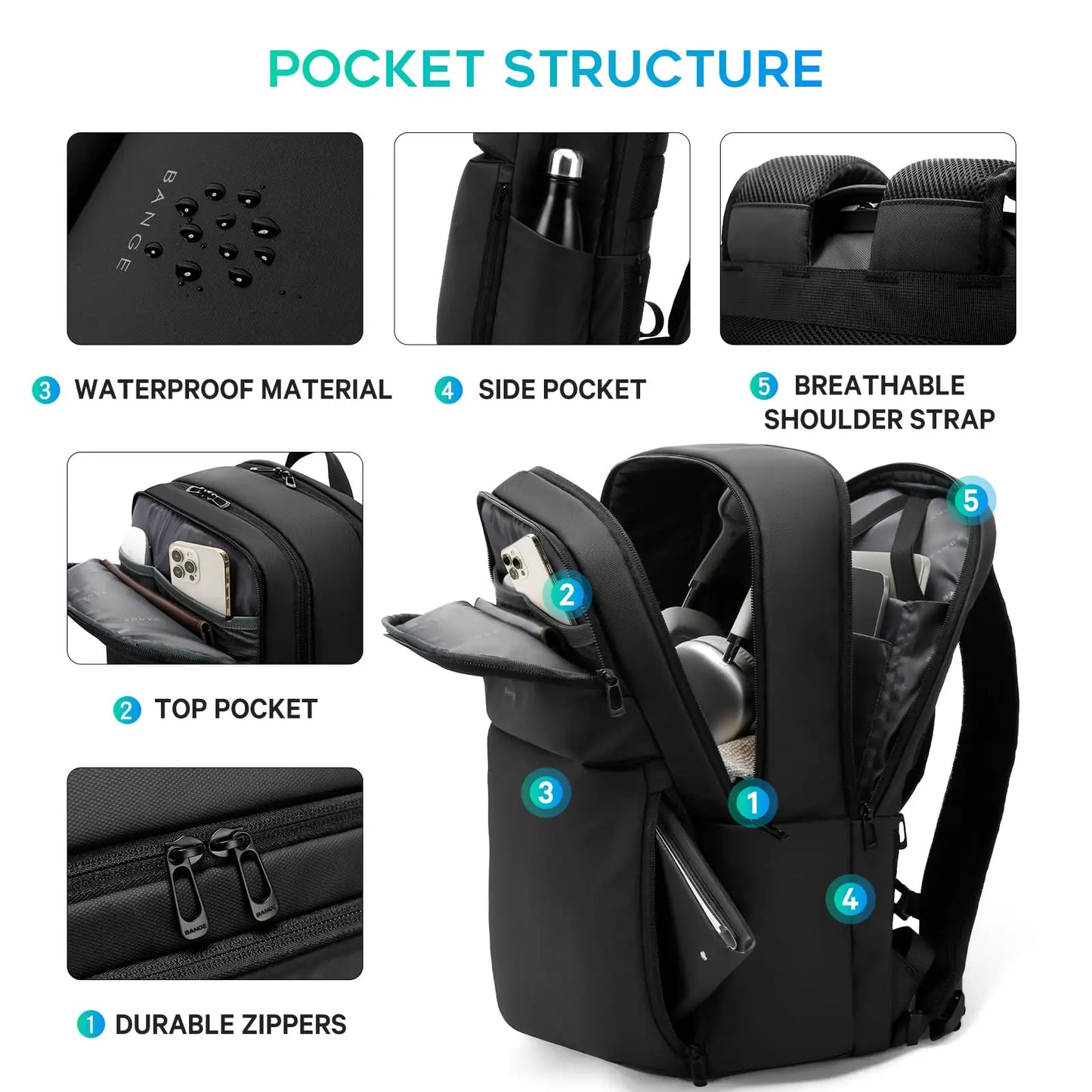 BANGE Smart Waterproof Travel Backpack Business Flight Approved Carry on Backpack Large Capacity 16 inch Laptop Backpack for Men