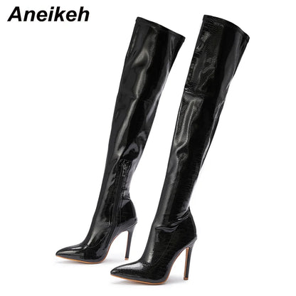 Aneikeh White Sexy Over-the-Knee Side Zipper Slip-On Pointed Toe Shoes NEW Fashion Striped Thin Heels Ladies Boots 2025 Spring