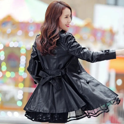 Women Leather Coat New Mid-Length 2025 5XL Lady Leather Windbreaker Jacket Autumn Wear clothing Bomber streetwear Casual Outwear