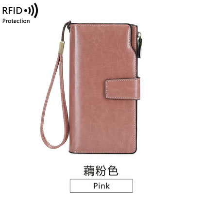 RFID retro large capacity long wallet Solid color multi-card women's purse Multi-function zipper wallet with wrist strap