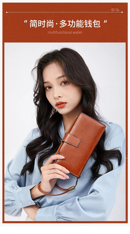 RFID retro large capacity long wallet Solid color multi-card women's purse Multi-function zipper wallet with wrist strap
